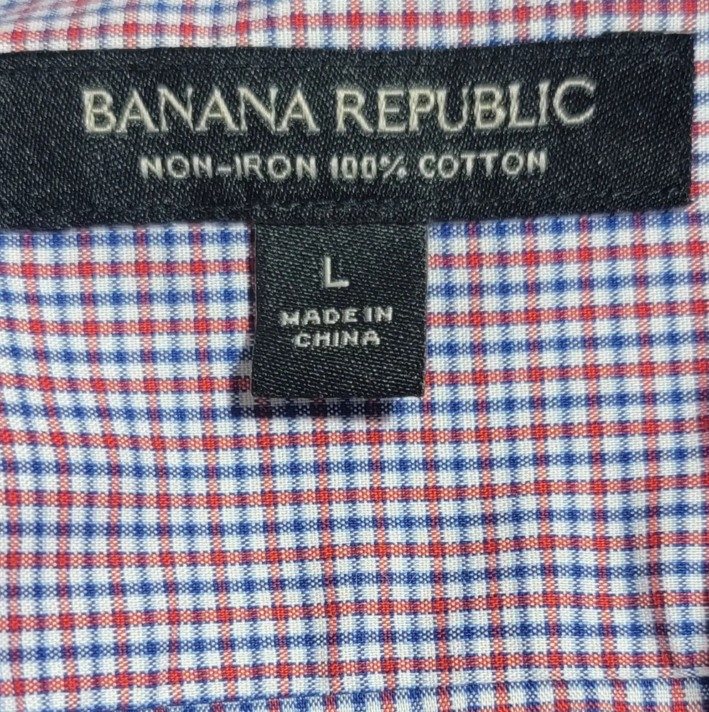 Banana Republic slim fit red blue white plaid non iron cotton shirt men large